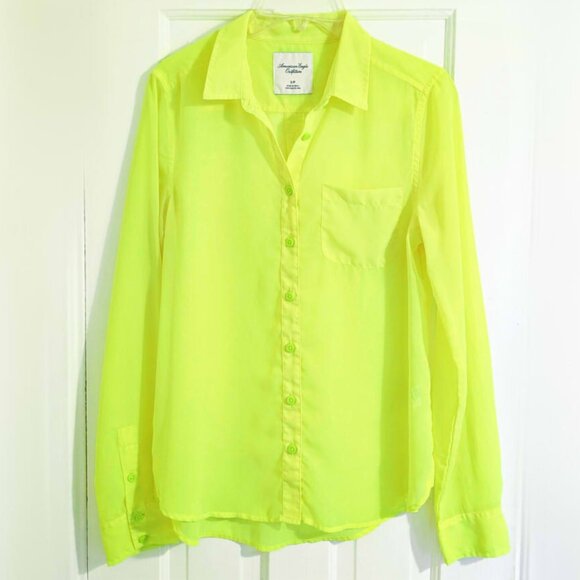 AMERICAN EAGLE highlighter yellow sheer button up blouse S - Picture 3 of 4